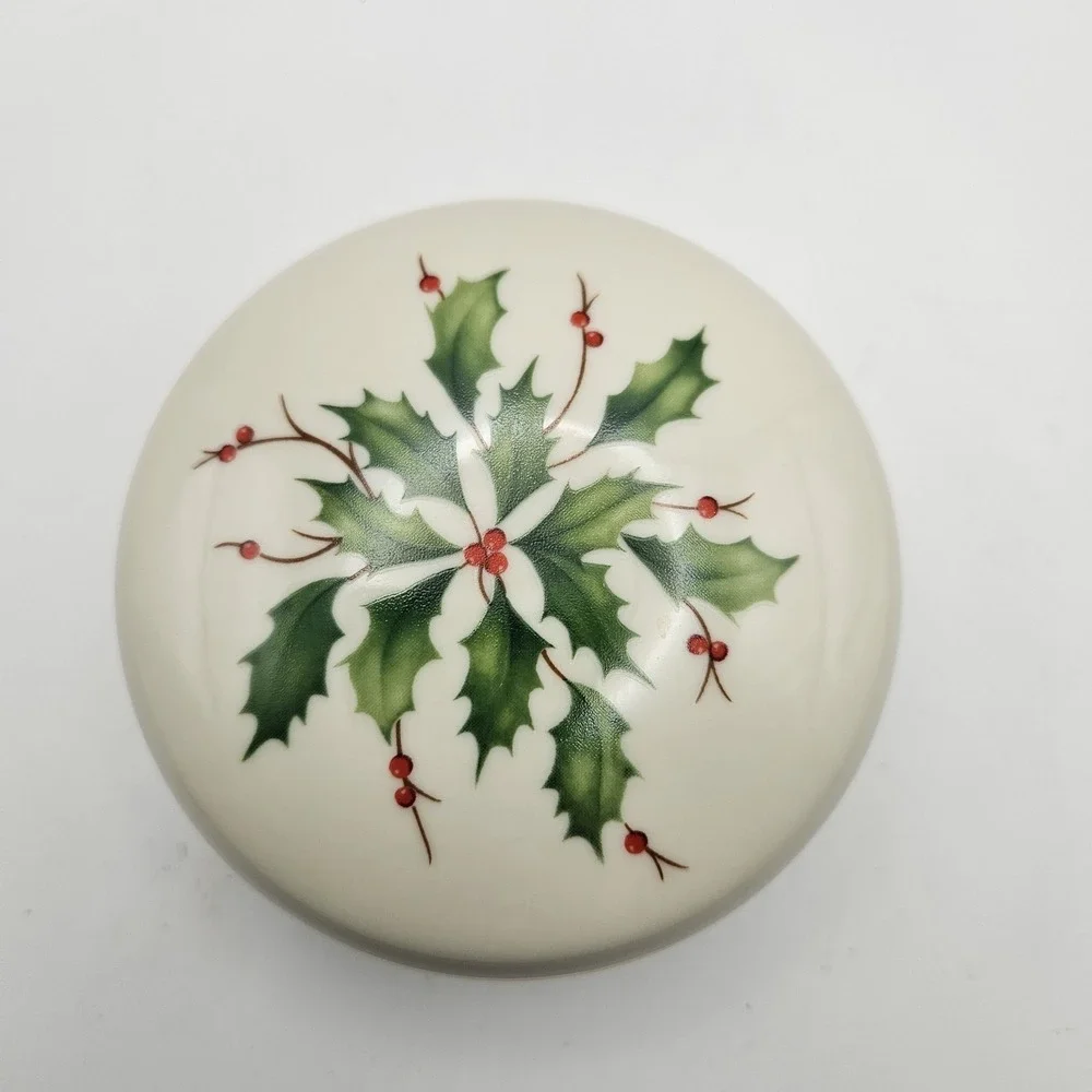 Lenox Holiday Dimensions Collection Lidded Trinket Box with Holly Design